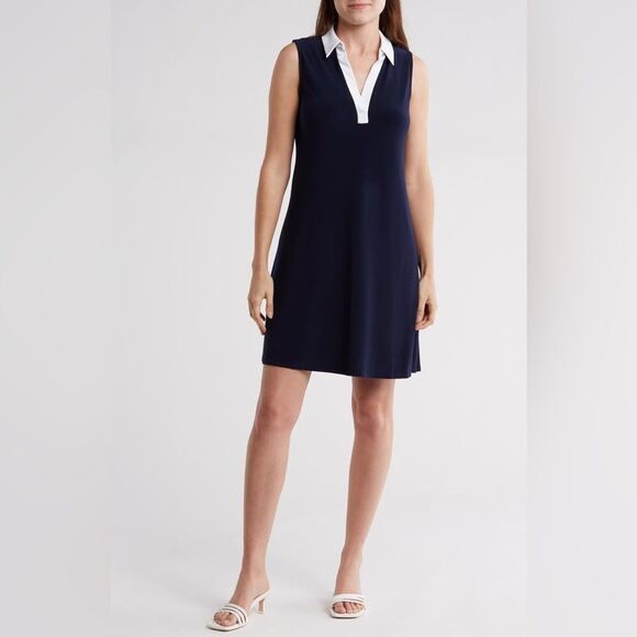 Joan Vass Dresses Medium Shift Dress Midi Collar White\Navy Sleeveless - Picture 1 of 8